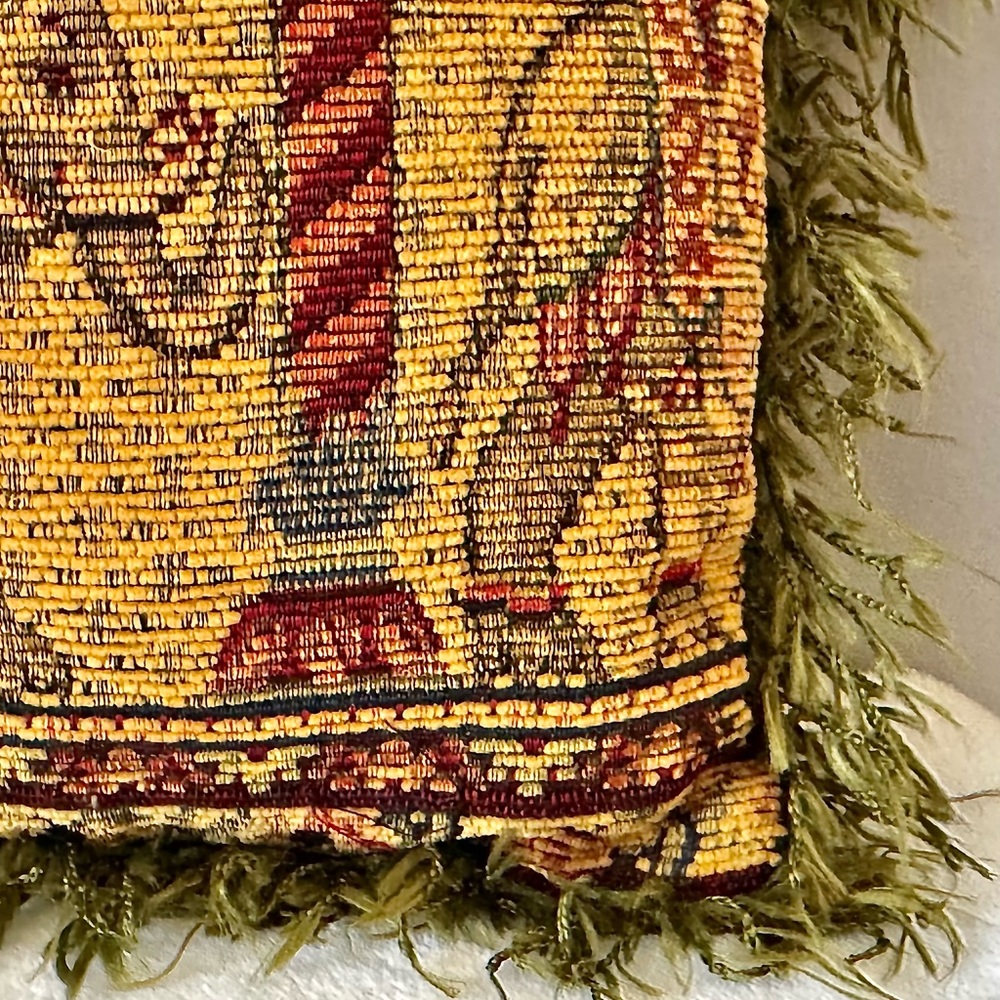 Vintage Decorative Elephant Tapestry Pillow Green Burgundy Square 11.5” Fringe - Picture 3 of 12